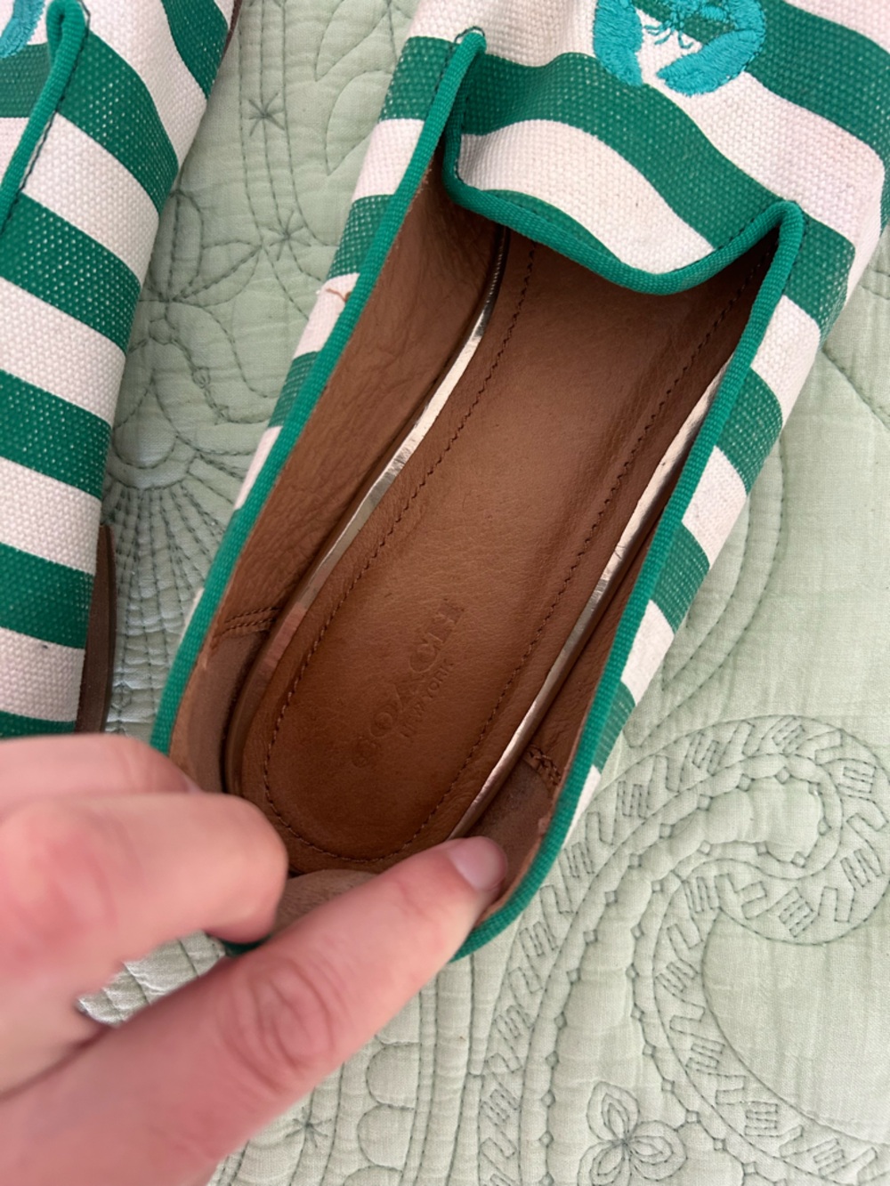 Coach Green and White Striped Canvas and leather Loafers lobster Embroidery - Picture 3 of 10